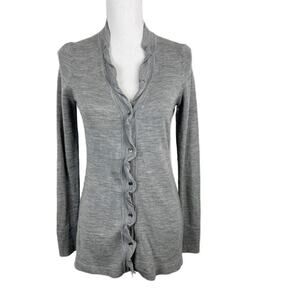 Elie Tahari Cardigan Grey Ruffle/Button Front Fine Merino Wool Sweater - Medium